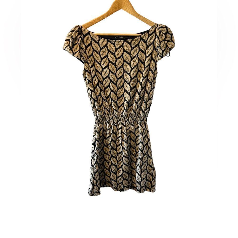 Black & Tan Textured Leaf Print Cap Sleeve Elastic Waist Mini Dress S
